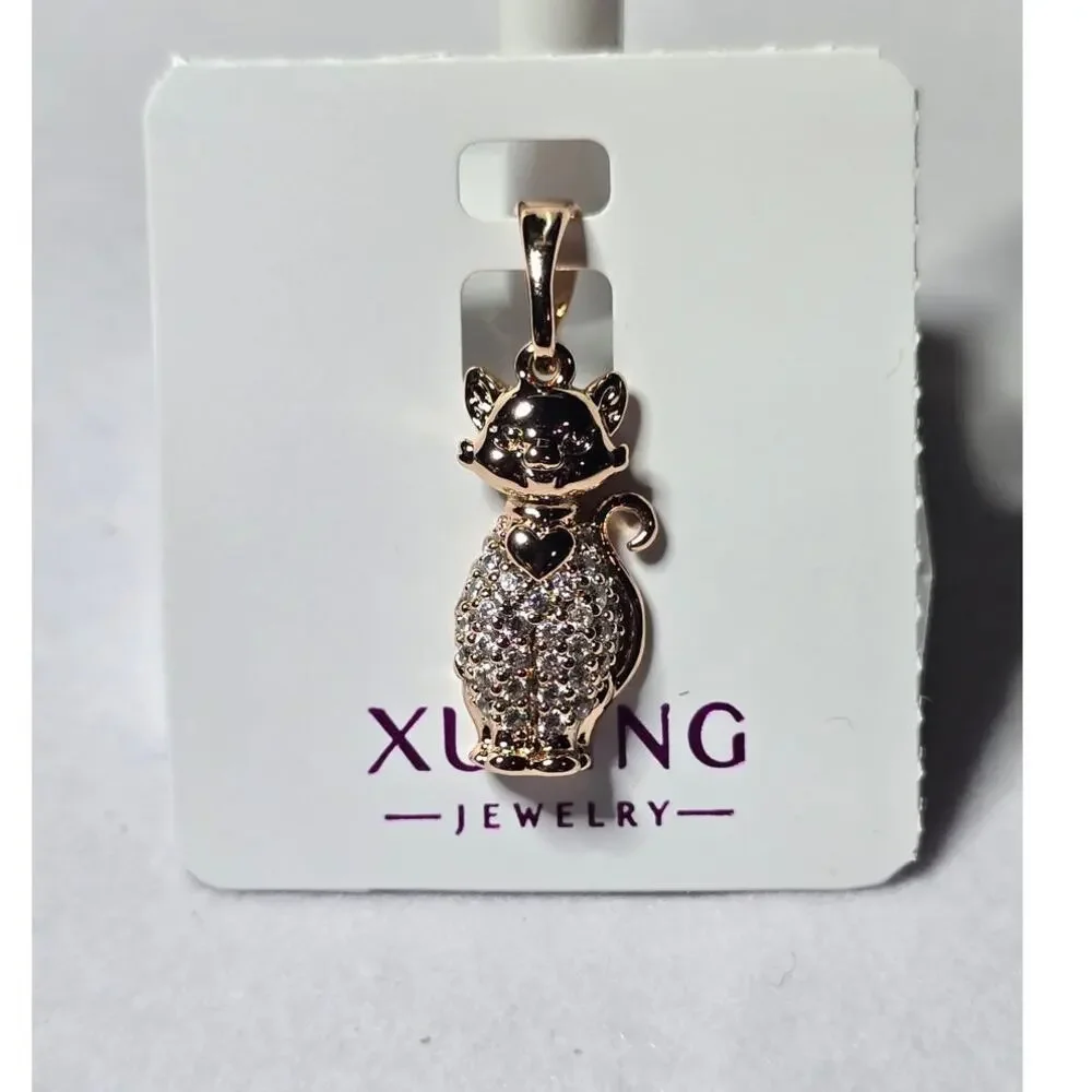 Rhinestone Cat Pendant Necklace Gold Tone Charm – Whimsical Animal